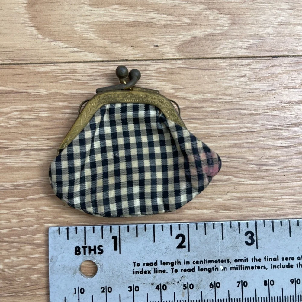 Vintage Red Leather Kiss Lock Purse Gingham Lining with Mini Coin Pouch Chain